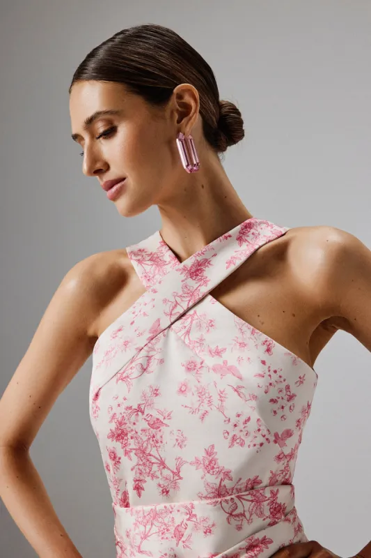 BRIELLE Bonded Satin Obi Belted Halterneck Midi Dress in Pink Porcelain sold by Lavish Alice