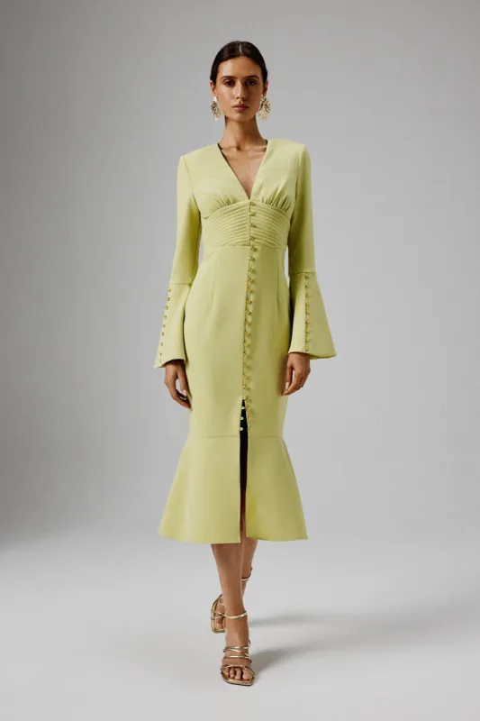 SALMA Fluted Sleeve Micro Rose Button Midi Dress in Lime Green sold by Lavish Alice