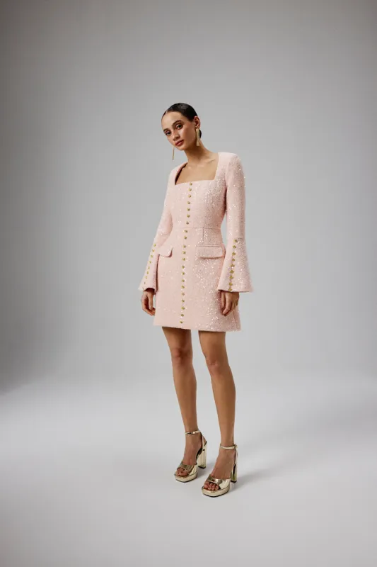 BELLA Sequin Boucle Micro Rose Button Mini Dress in Pink sold by Lavish Alice