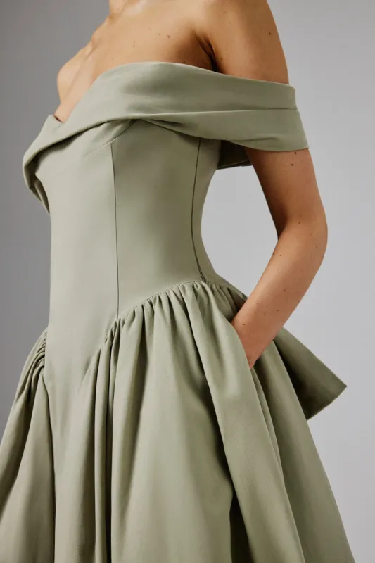 EMILY Off Shoulder Volumed Flared Sun Midi Dress in Sage Green sold by Lavish Alice