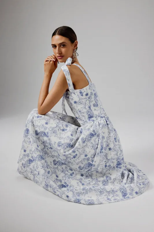 BLOSSOM Tie Shoulder Corset Midi Sundress In Blue Porcelain sold by Lavish Alice