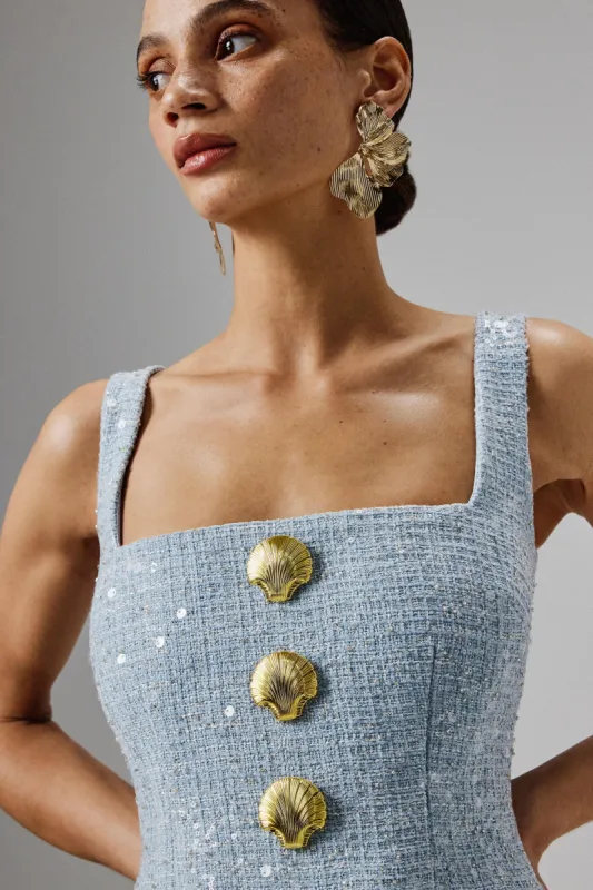 MARIE Square Neck Boucle Midi Dress with Shell Embellishment in Blue made by Lavish Alice