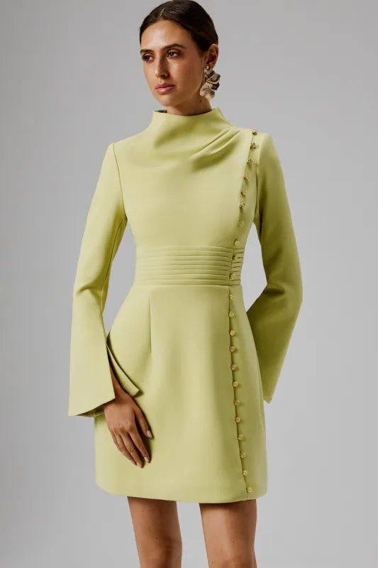 GEMMA High Neck Rose Button Long Sleeve Mini Dress in Lime sold by Lavish Alice