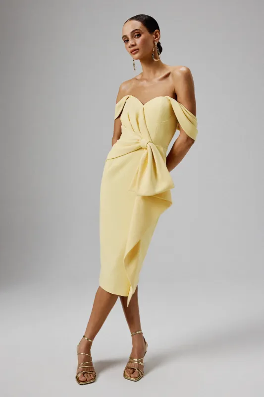 LORI Off Shoulder Bow Detail Midi Dress in Yellow sold by Lavish Alice