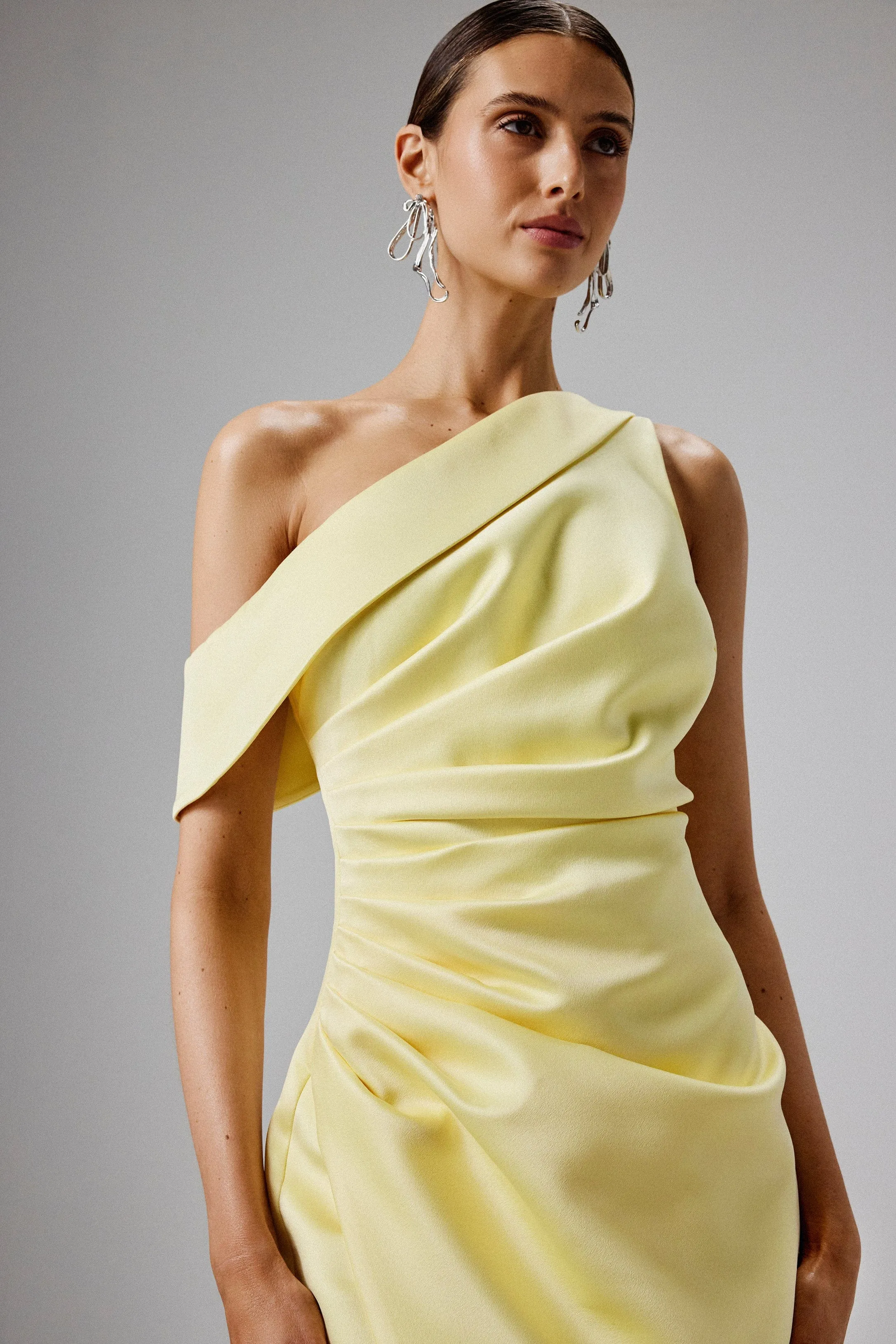 BAMBI Asymmetric Neckline Pleated Satin Midi Dress in Yellow sold by Lavish Alice