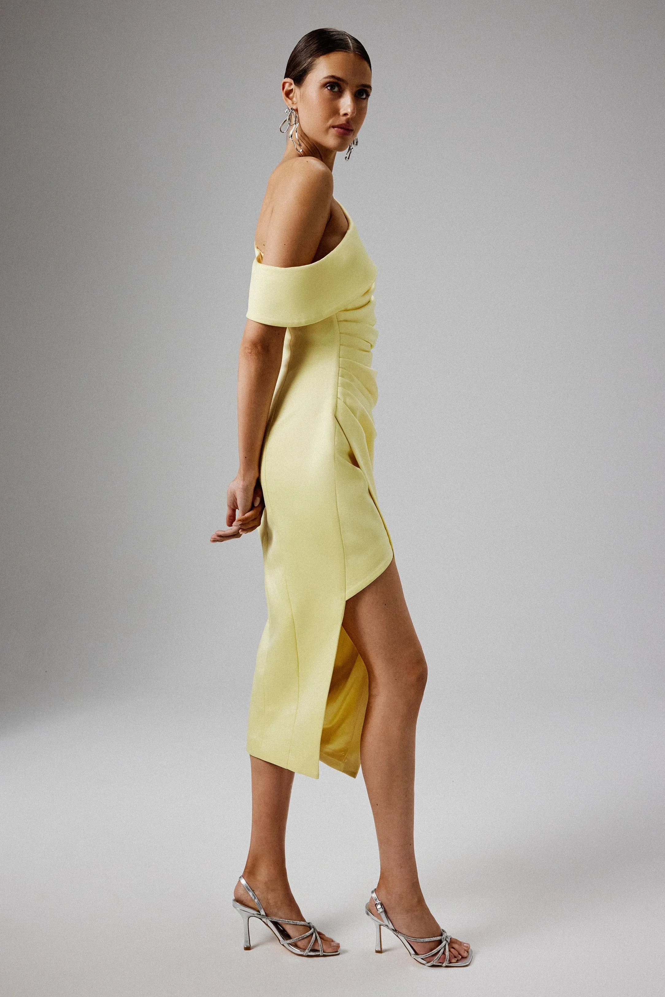 BAMBI Asymmetric Neckline Pleated Satin Midi Dress in Yellow sold by Lavish Alice product image thumbnail 2