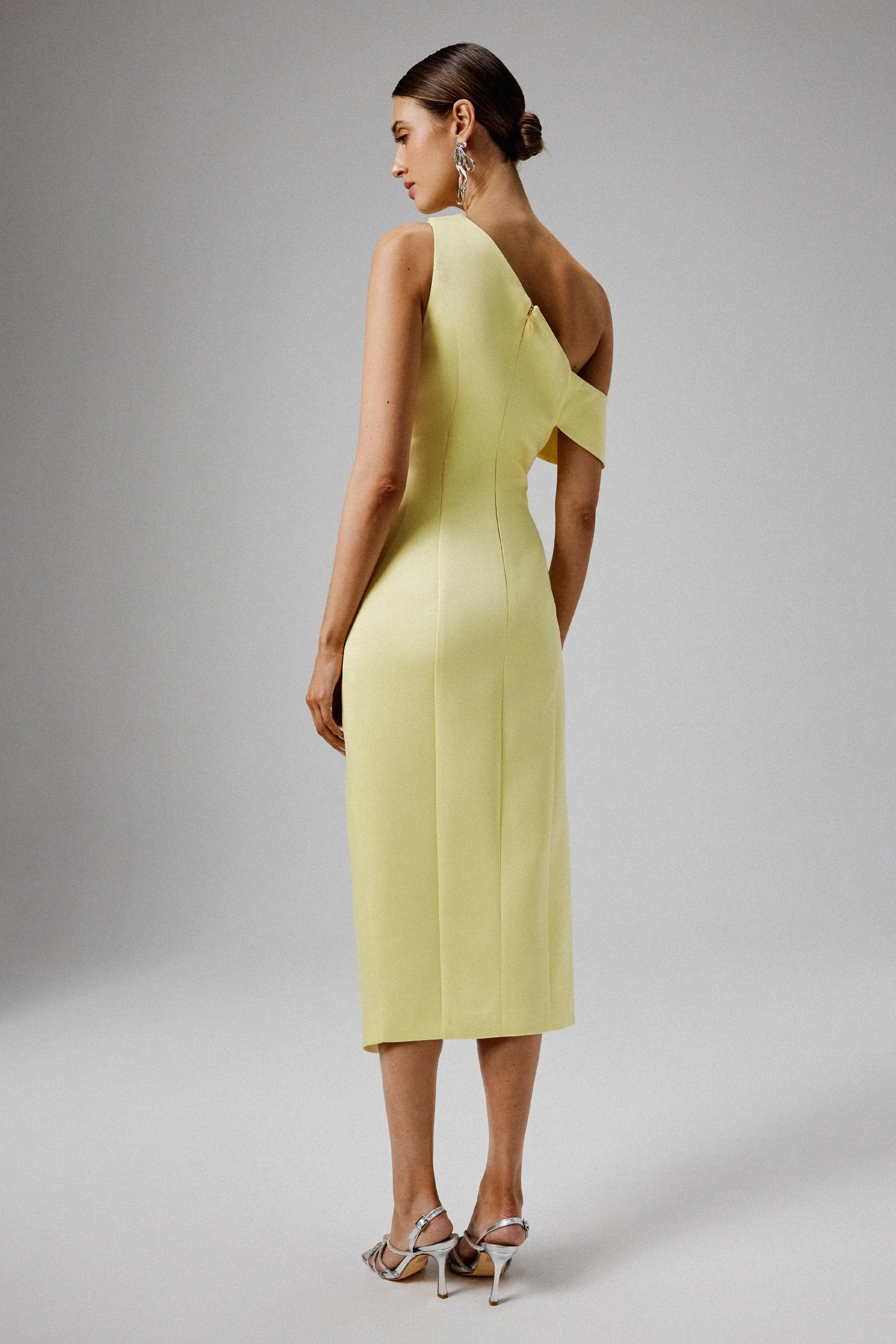 BAMBI Asymmetric Neckline Pleated Satin Midi Dress in Yellow sold by Lavish Alice product image thumbnail 4