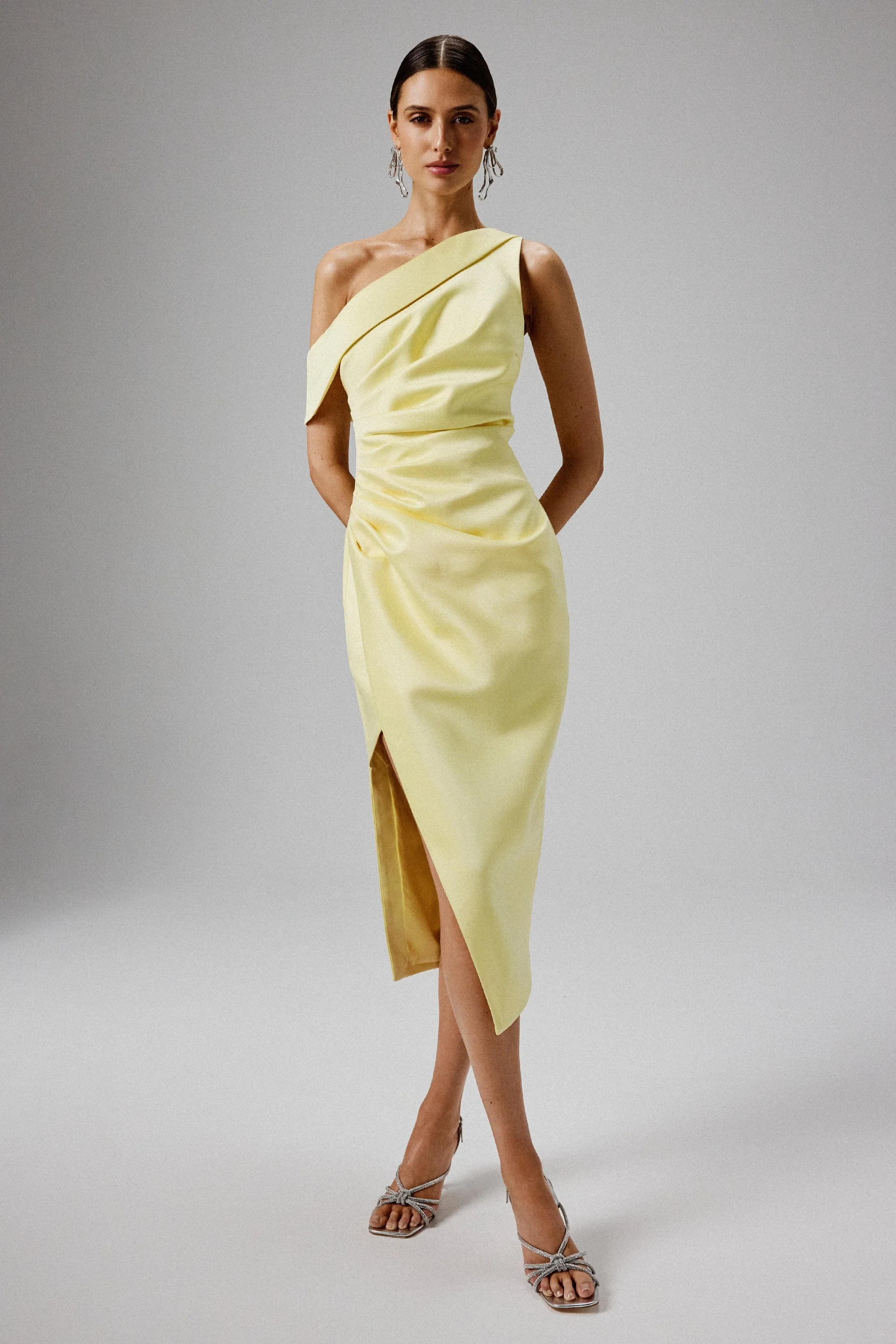 BAMBI Asymmetric Neckline Pleated Satin Midi Dress in Yellow sold by Lavish Alice product image thumbnail 3