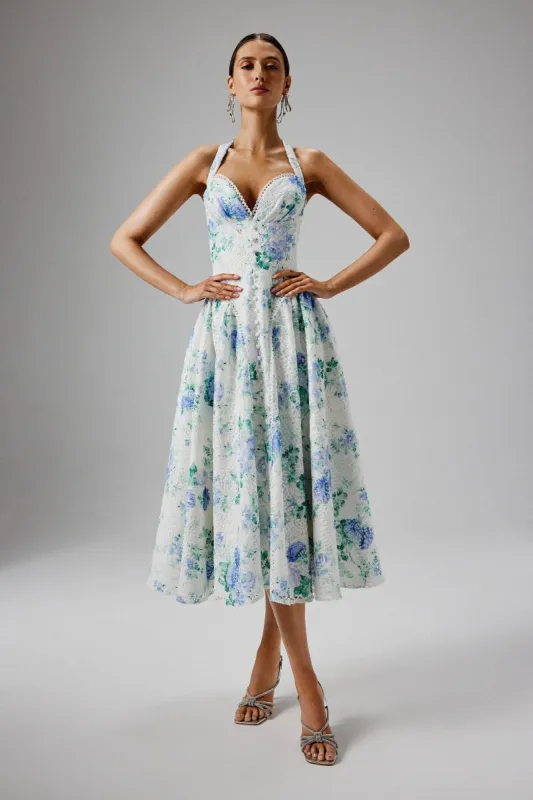 HALEY Micro Button and Loop Detail Volume Flared Midi Dress in Floral Broderie sold by Lavish Alice