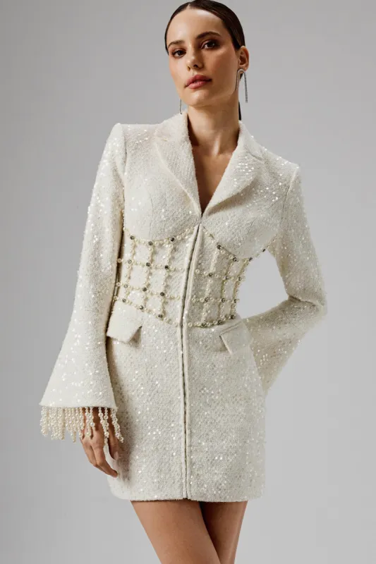 CLARA Pearl Embellished Mini Boucle Blazer Dress in Beige sold by Lavish Alice