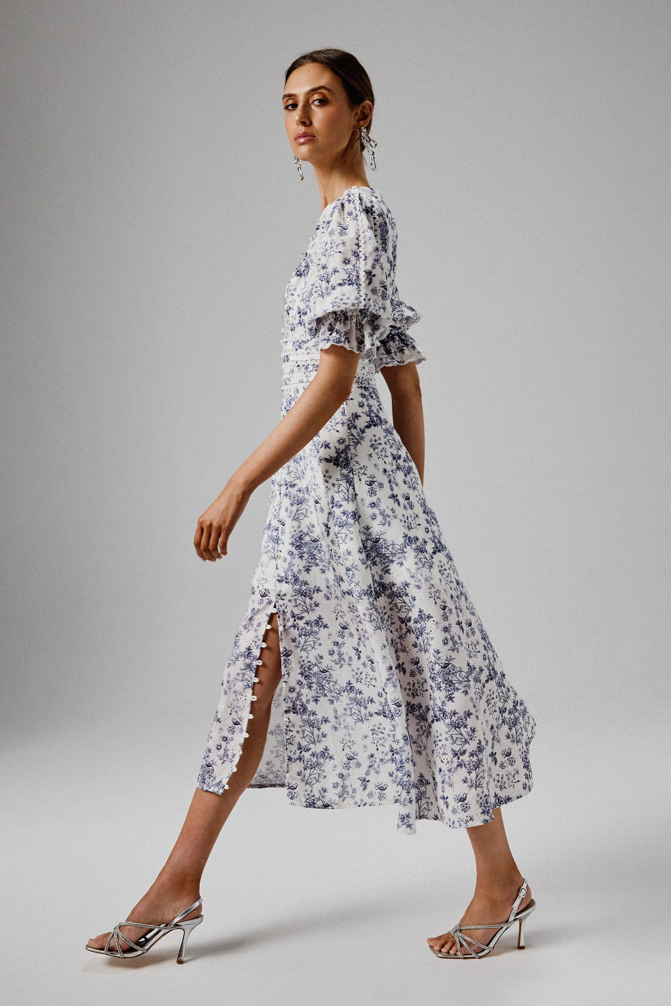 CINDY Micro Button and Loop Detail Long Midi Dress in Blue Porcelain Print sold by Lavish Alice product image thumbnail 3
