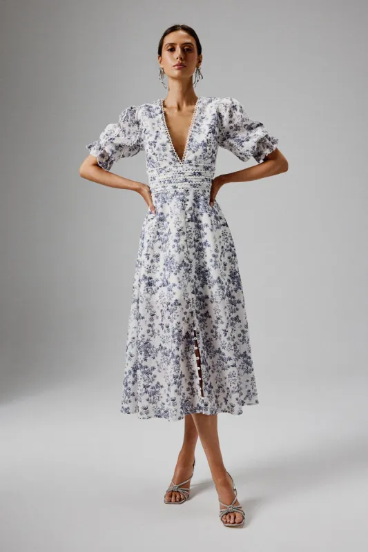 CINDY Micro Button and Loop Detail Long Midi Dress in Blue Porcelain Print sold by Lavish Alice