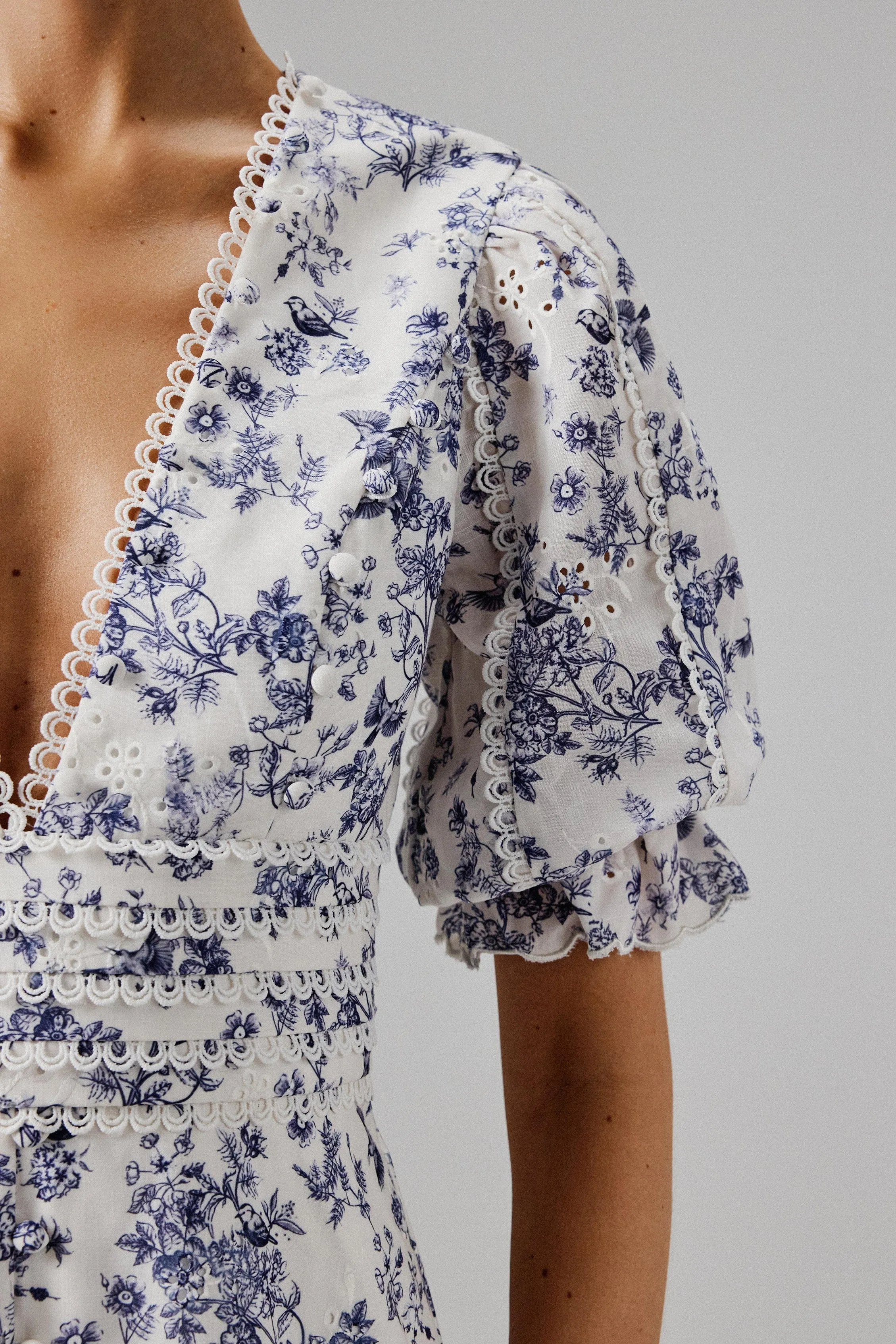 CINDY Micro Button and Loop Detail Long Midi Dress in Blue Porcelain Print sold by Lavish Alice product image thumbnail 2