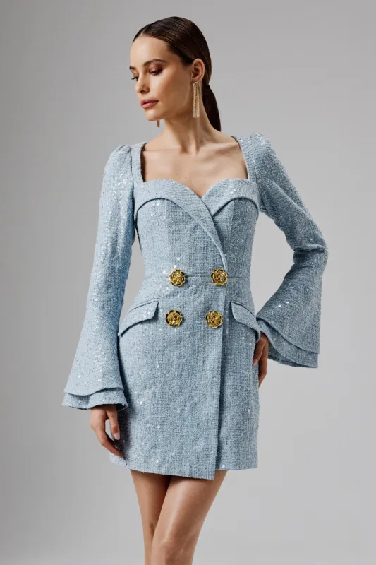 REBECCAH Oversized Rose Button Boucle Blazer Mini Dress in Blue sold by Lavish Alice
