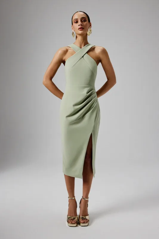 LENA Wrap Halterneck Midi Dress in Sage Green sold by Lavish Alice