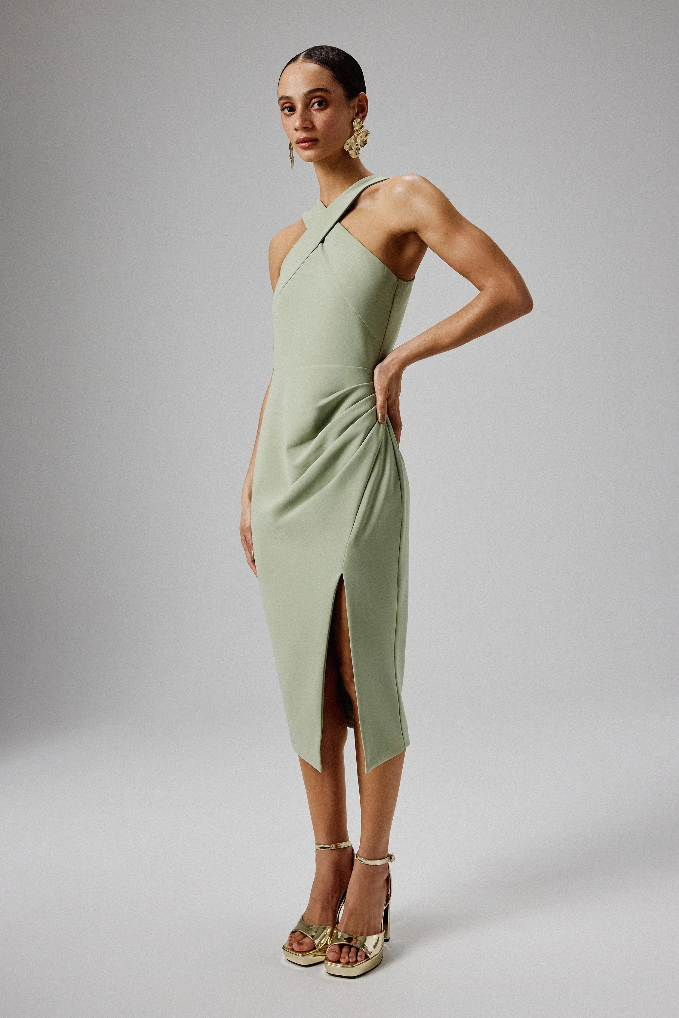 LENA Wrap Halterneck Midi Dress in Sage Green sold by Lavish Alice product image thumbnail 3