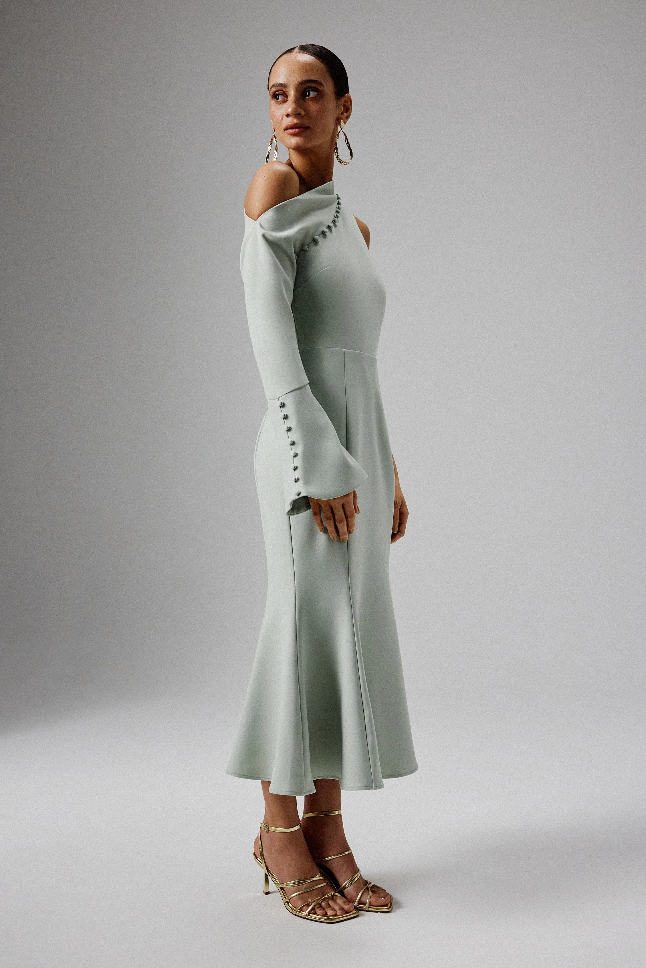 MADDIE Asymmetric Split Shoulder Midi Dress in Sage Green sold by Lavish Alice product image thumbnail 3