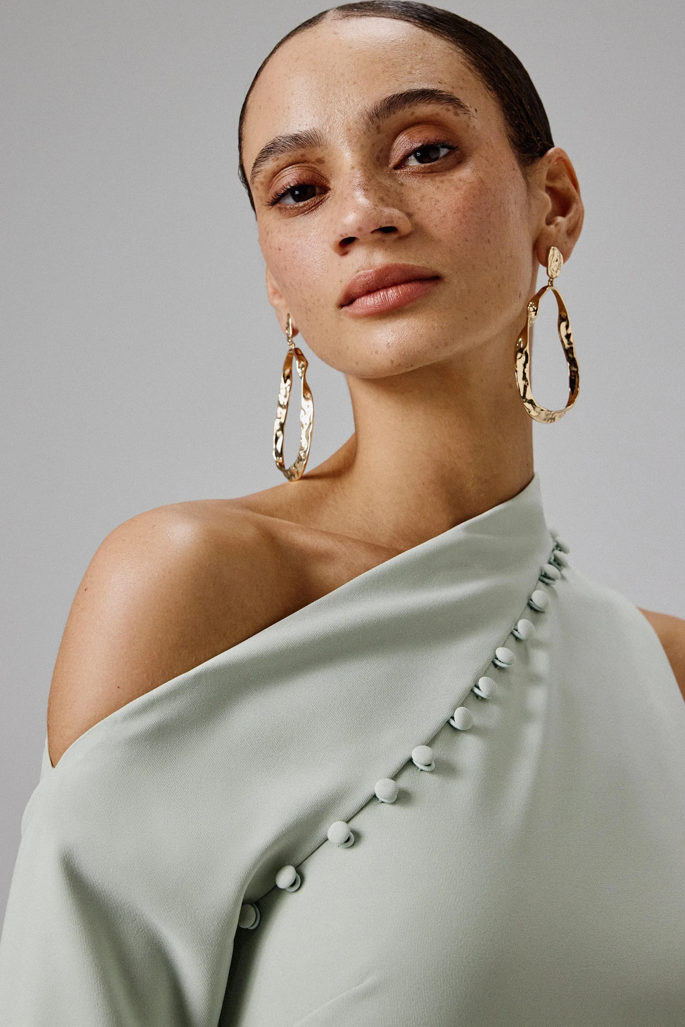 MADDIE Asymmetric Split Shoulder Midi Dress in Sage Green sold by Lavish Alice product image thumbnail 2