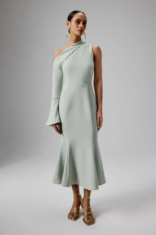 MADDIE Asymmetric Split Shoulder Midi Dress in Sage Green sold by Lavish Alice