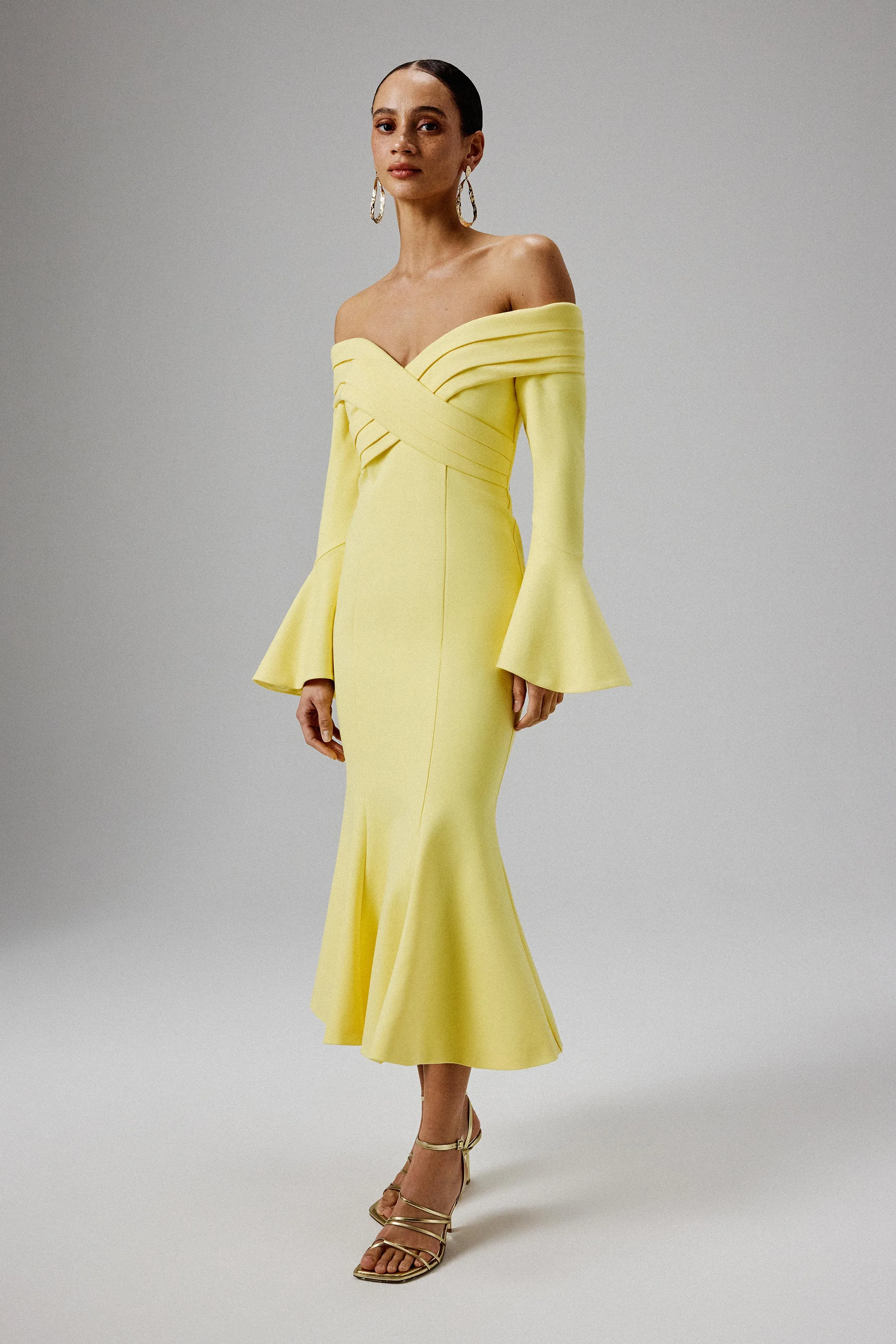 AMELIA Ponte Off Shoulder Fluted Sleeve Midi Dress in Yellow sold by Lavish Alice