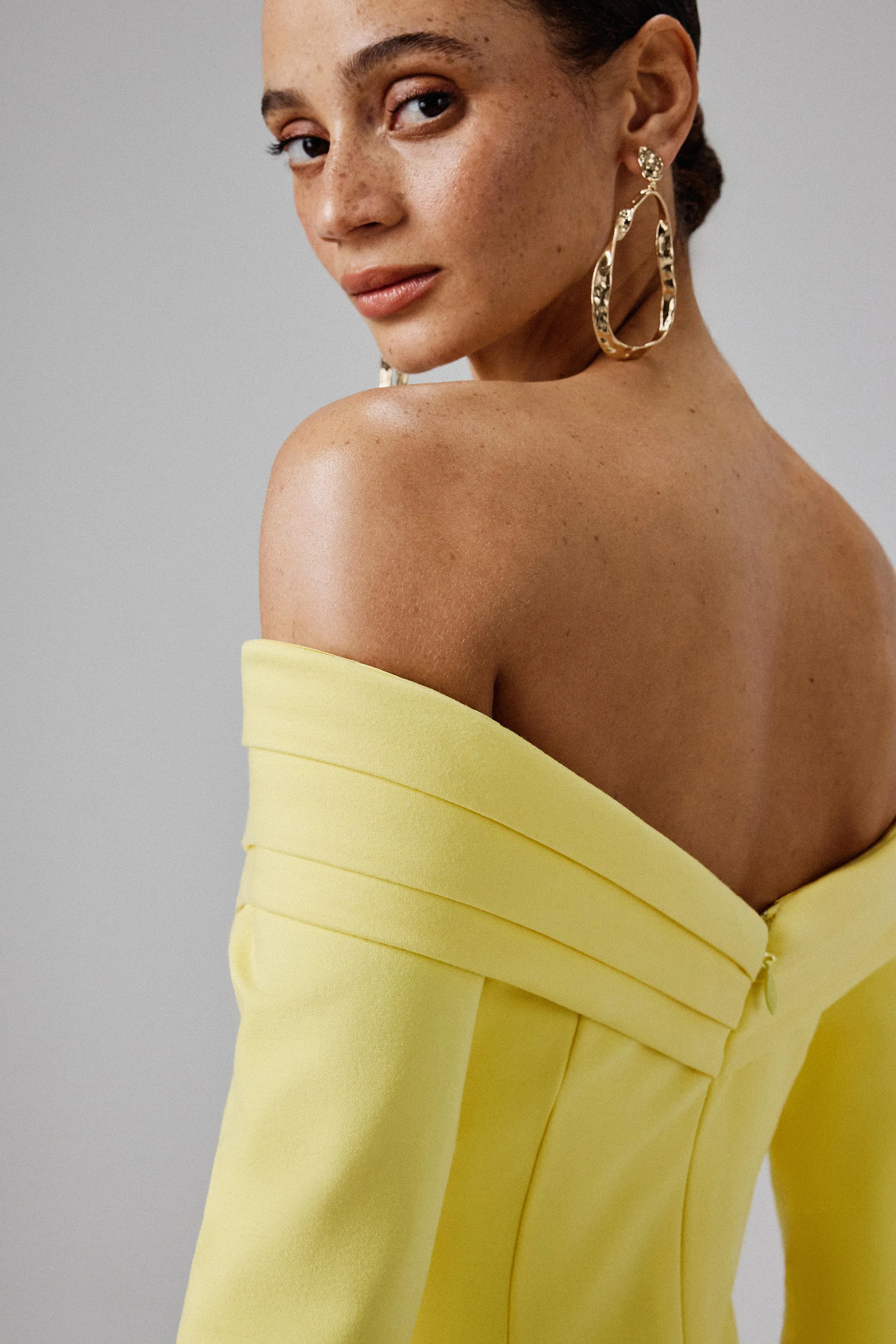 AMELIA Ponte Off Shoulder Fluted Sleeve Midi Dress in Yellow sold by Lavish Alice product image thumbnail 4