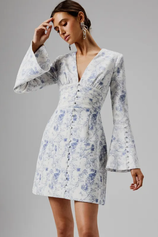 LARA Fluted Sleeve Micro Button Mini Dress in Blue Porcelain sold by Lavish Alice