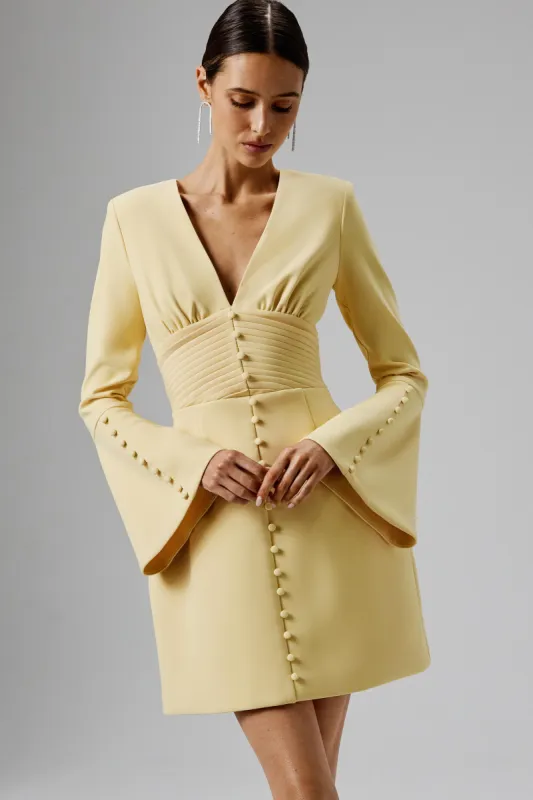 LARA Fluted Sleeve Micro Shell Button Mini Dress in Yellow sold by Lavish Alice