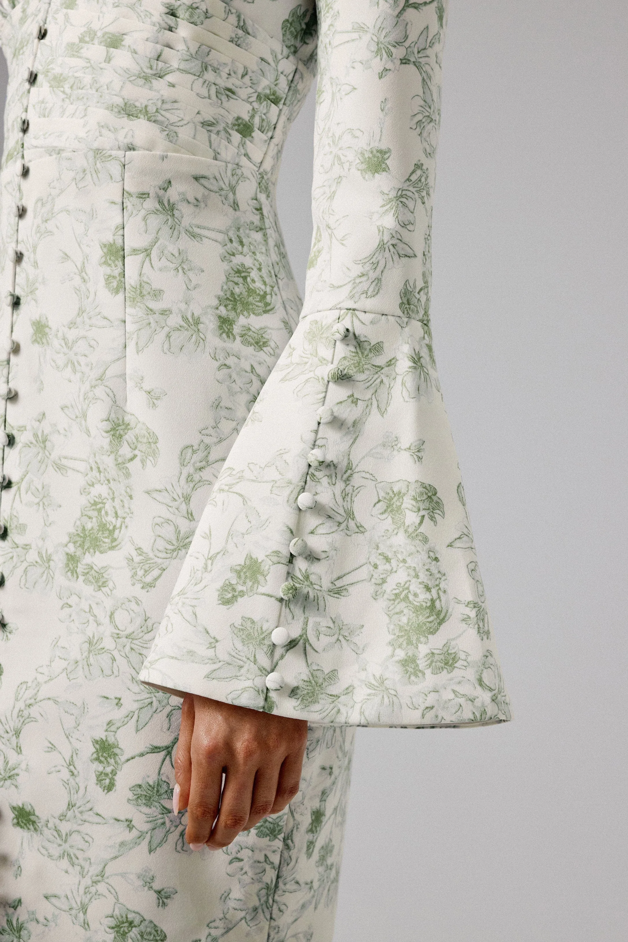 SALMA Fluted Sleeve Longline Fishtail Midi Dress In Sage Porcelain Print sold by Lavish Alice product image thumbnail 2