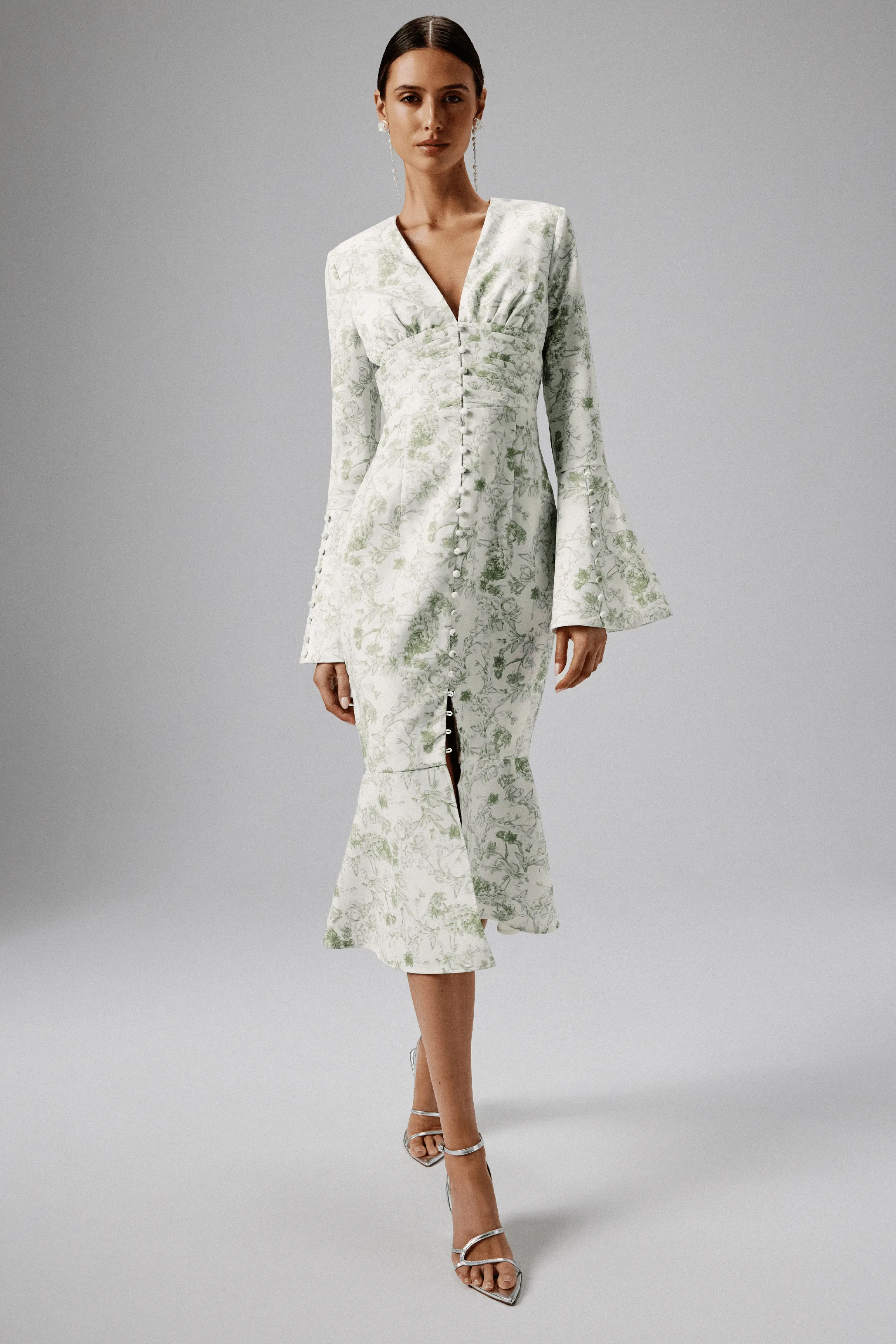 SALMA Fluted Sleeve Longline Fishtail Midi Dress In Sage Porcelain Print sold by Lavish Alice