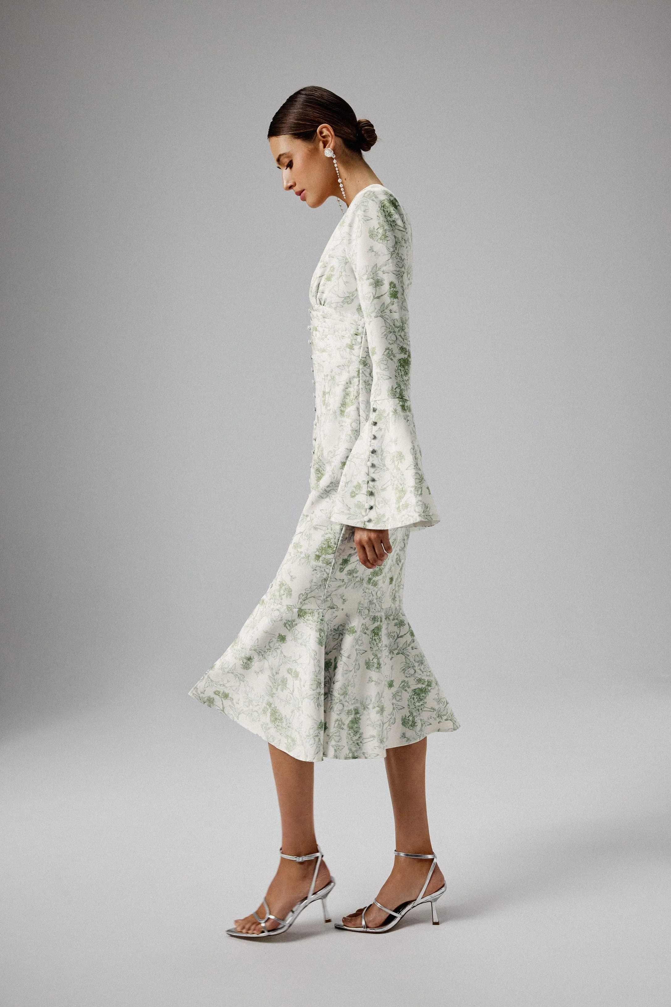 SALMA Fluted Sleeve Longline Fishtail Midi Dress In Sage Porcelain Print sold by Lavish Alice product image thumbnail 3