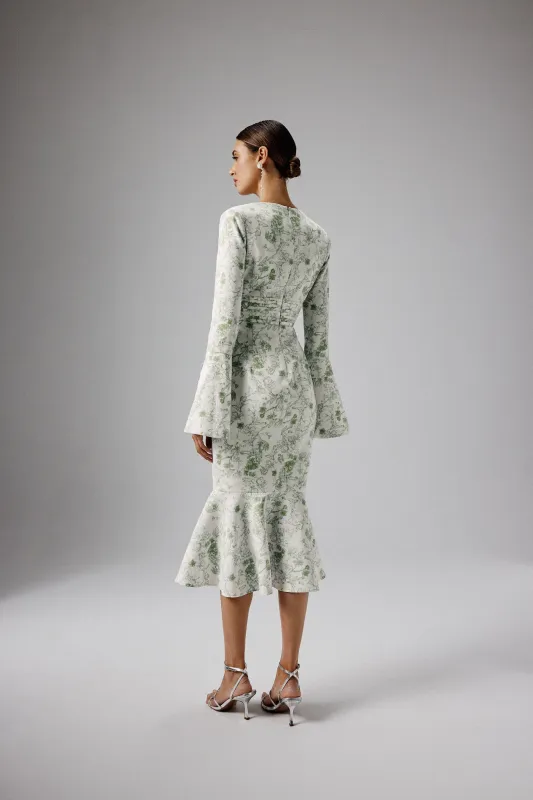 Long Sleeve Dress Midi SALMA Fluted Sleeve Longline Fishtail Midi Dress In  Sage Porcelain Print Parallel