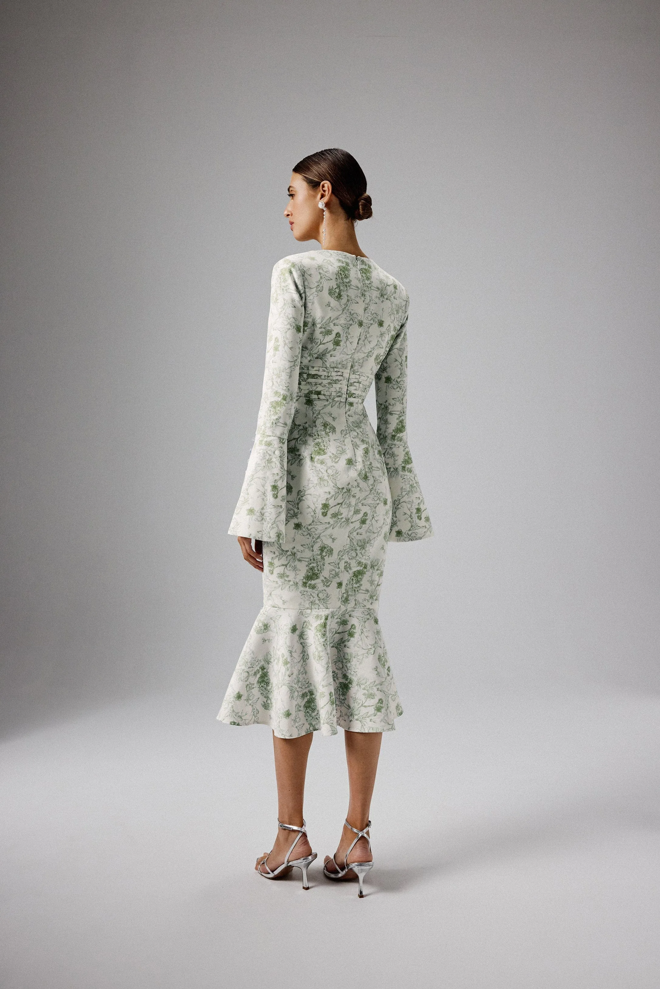 SALMA Fluted Sleeve Longline Fishtail Midi Dress In Sage Porcelain Print sold by Lavish Alice product image thumbnail 4