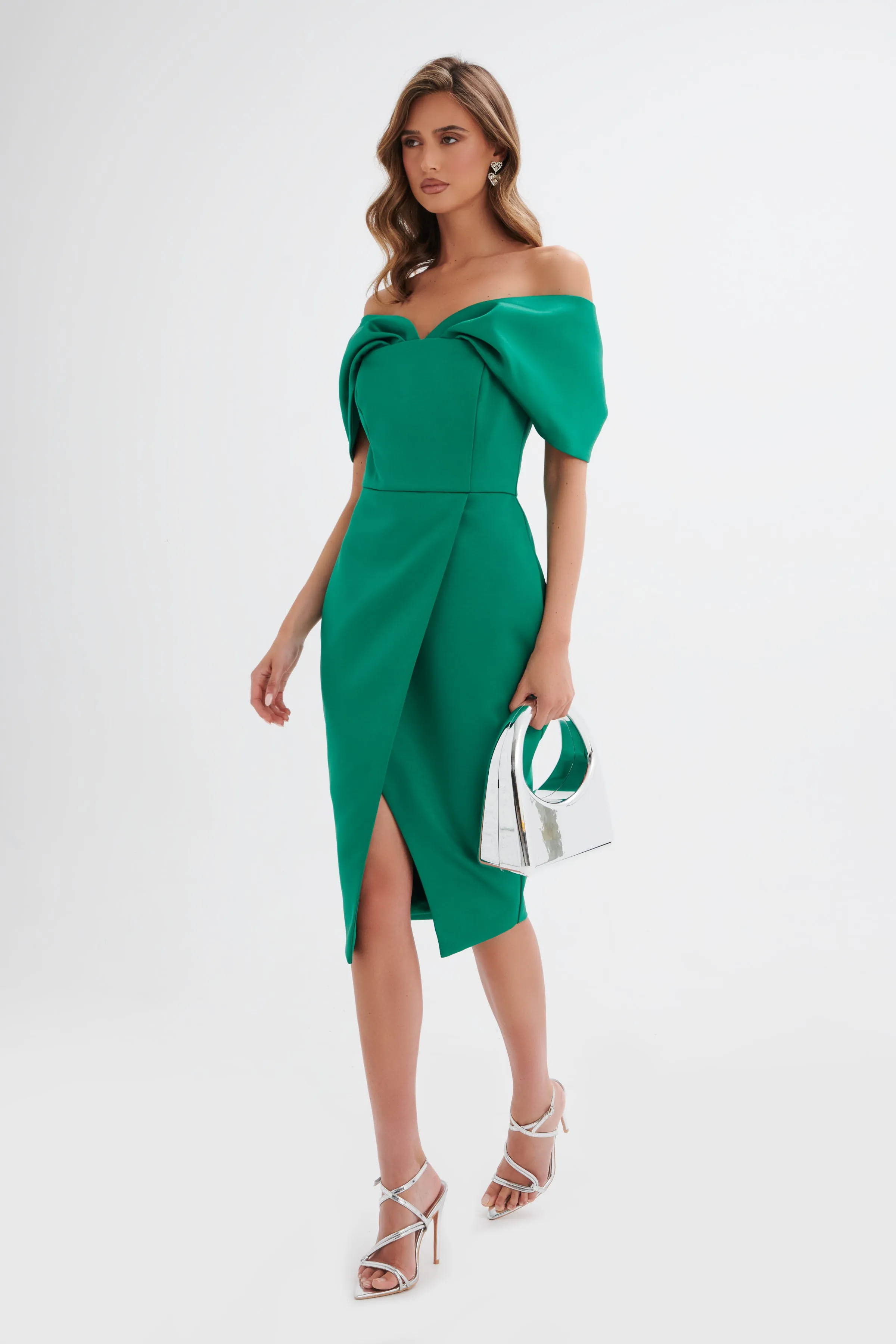 HARLEEN Draped Bardot Bonded Satin Midi Dress In Emerald Green sold by Lavish Alice product image thumbnail 3