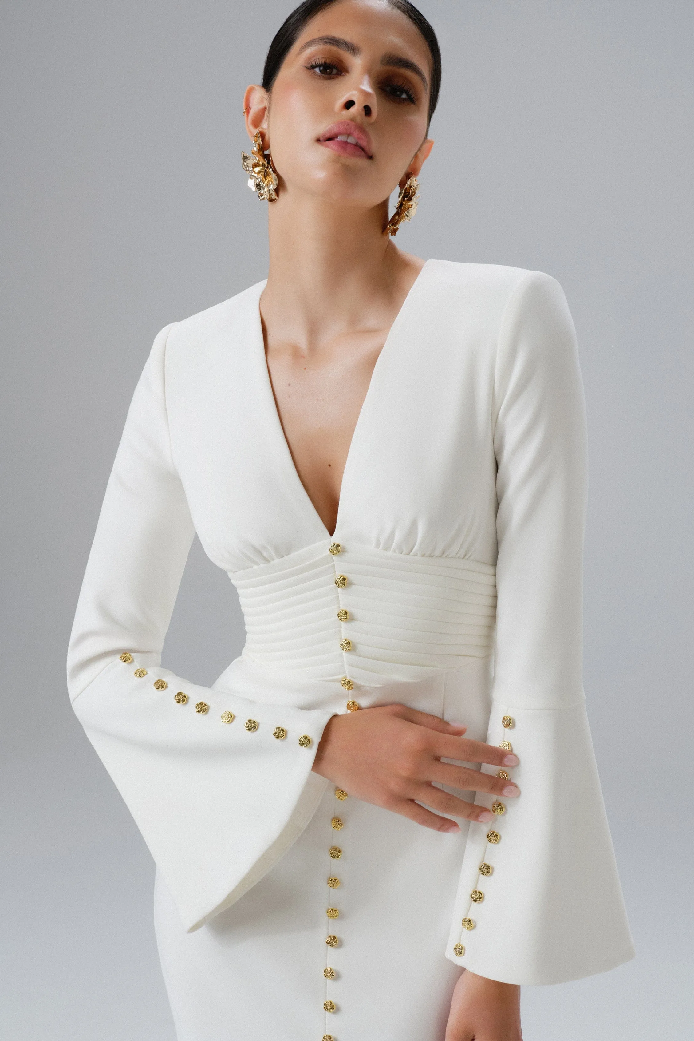 SALMA Fluted Sleeve Micro Rose Button Midi Dress in White sold by Lavish Alice product image thumbnail 2