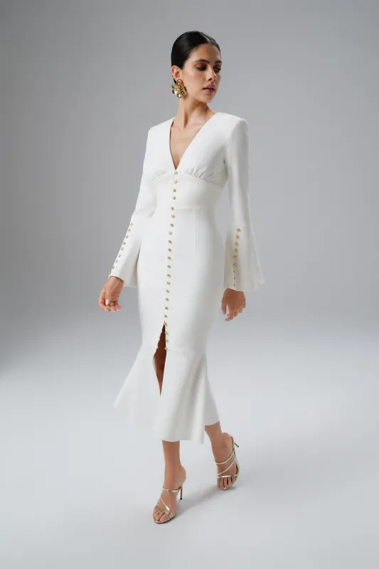 SALMA Fluted Sleeve Micro Rose Button Midi Dress in White sold by Lavish Alice