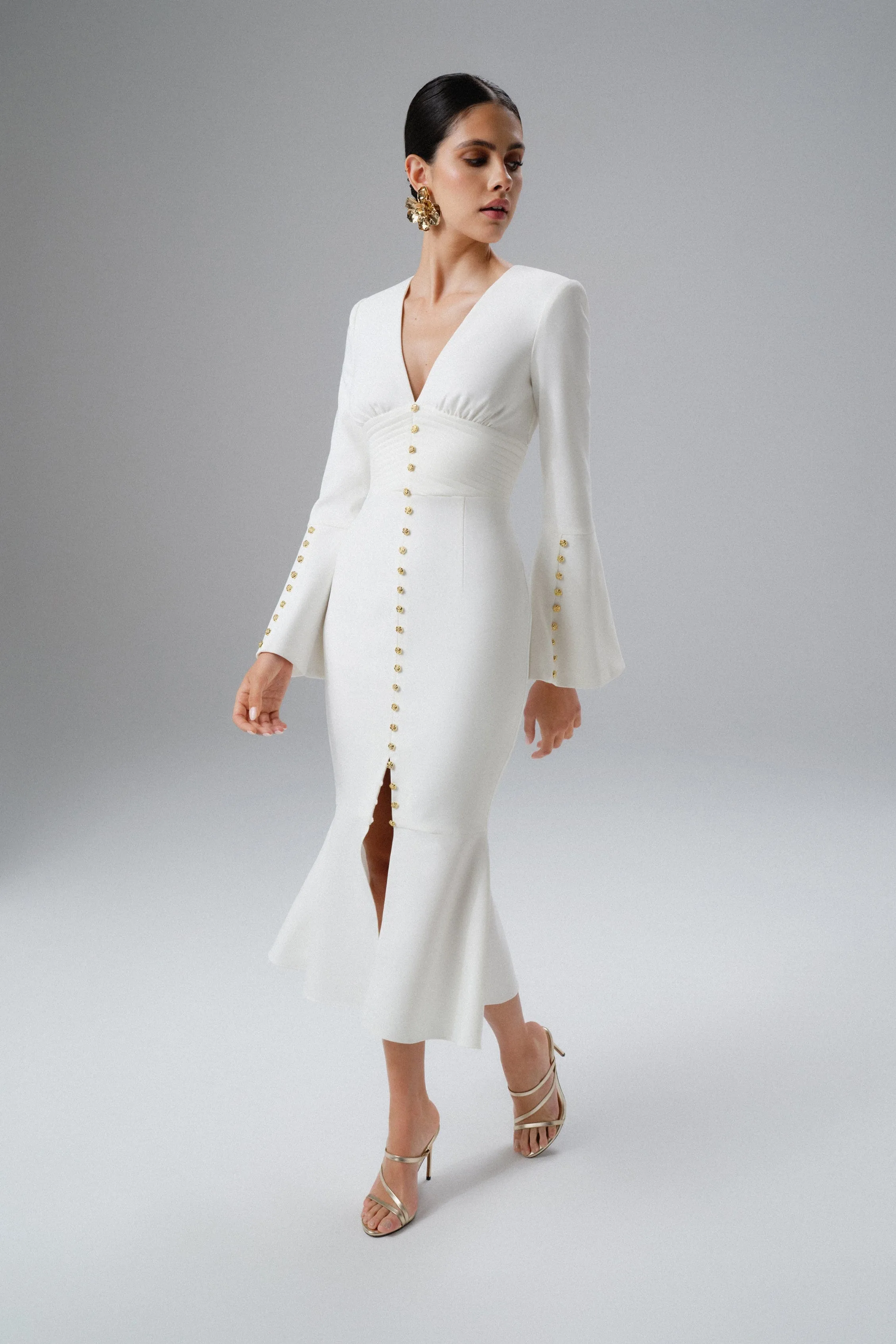 SALMA Fluted Sleeve Micro Rose Button Midi Dress in White sold by Lavish Alice