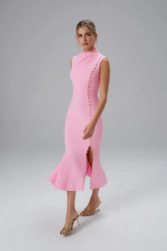 SAFFRON High Neck Micro Shell Button Midi Dress in Pink sold by Lavish Alice