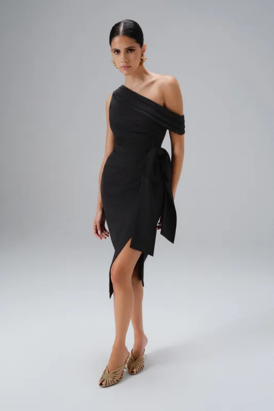 HONEY One Shoulder Pleated Bow Midi Dress in Black sold by Lavish Alice