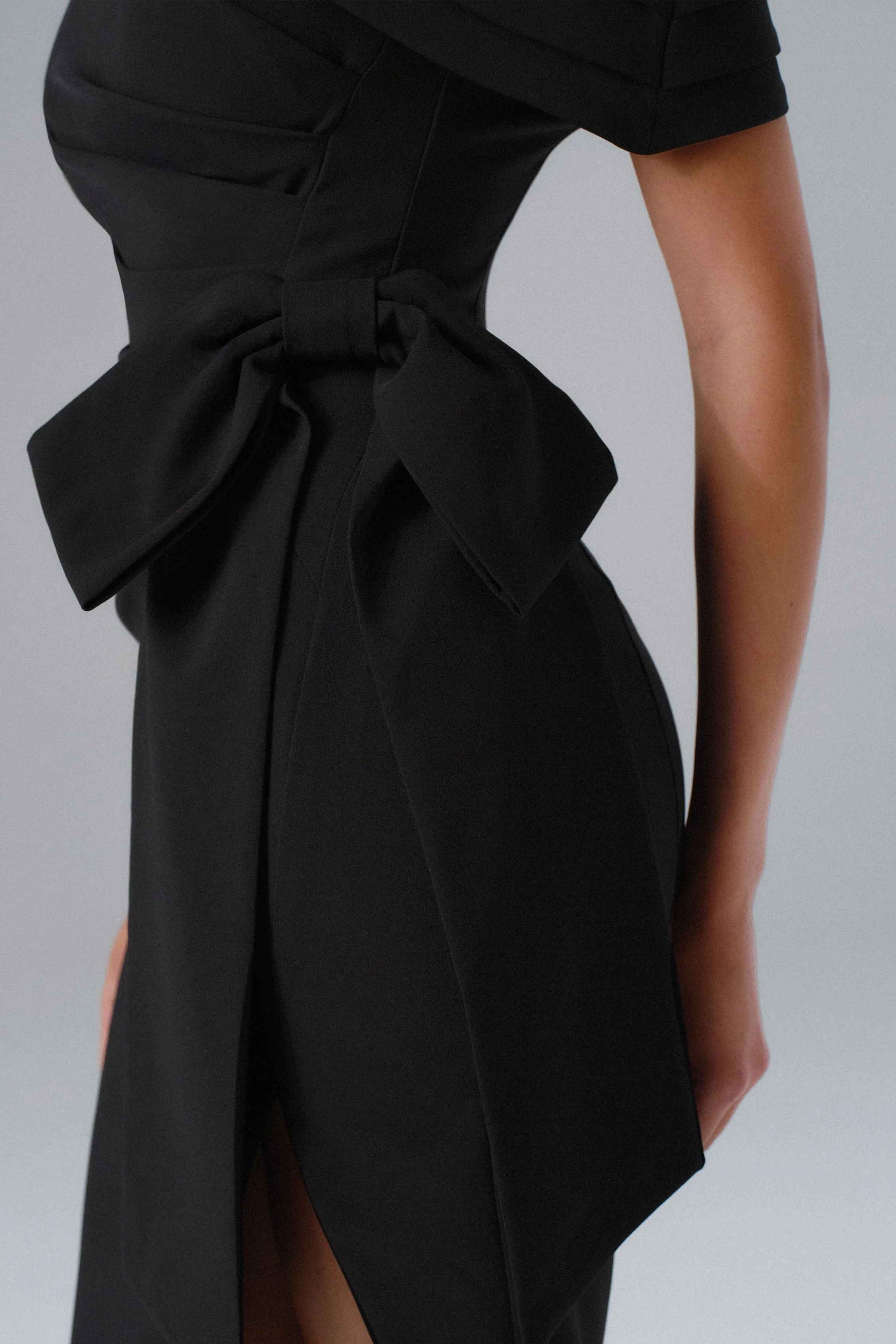 HONEY One Shoulder Pleated Bow Midi Dress in Black sold by Lavish Alice product image thumbnail 5