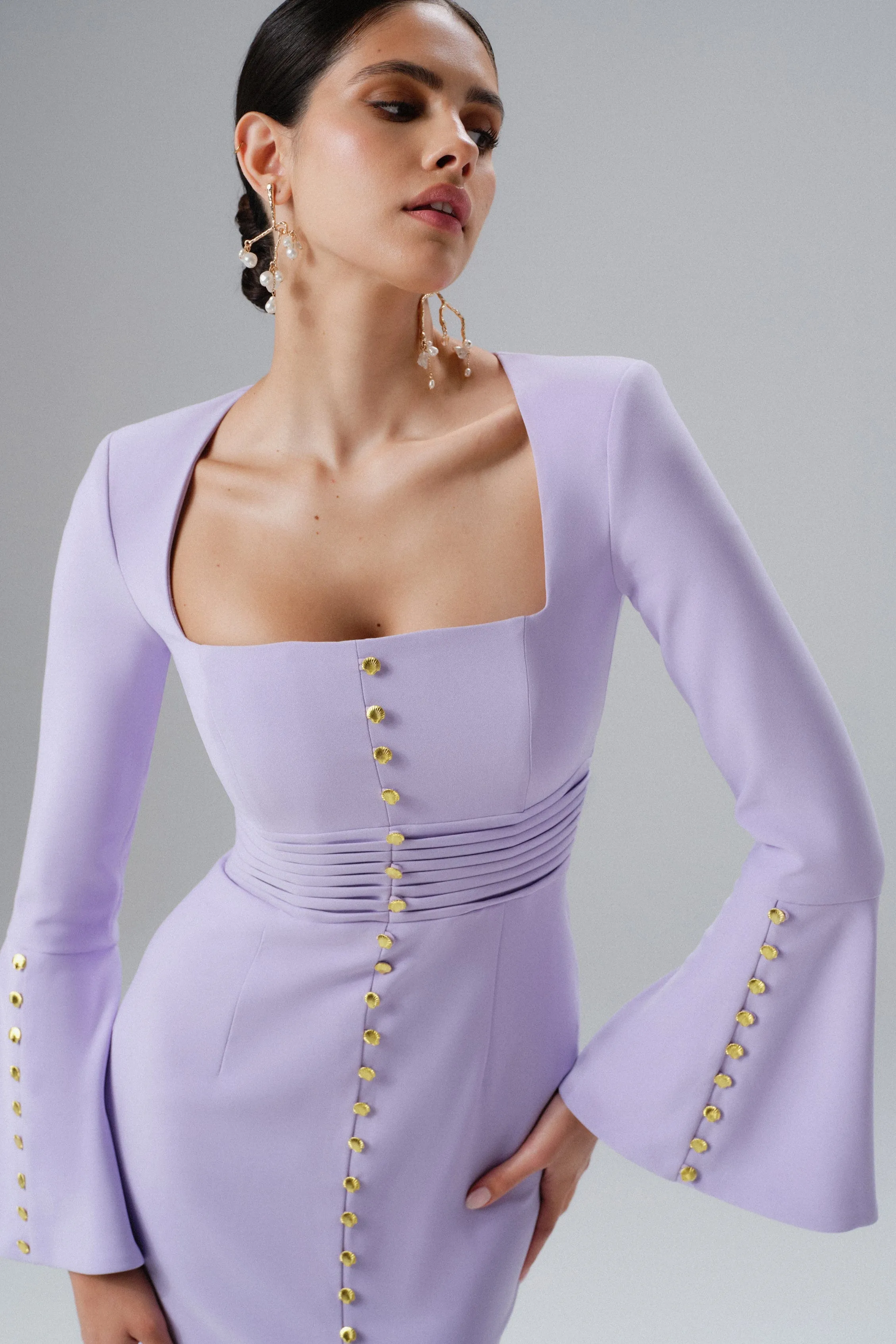 SERENA Fluted Sleeve Micro Shell Button Midi Dress in Purple sold by Lavish Alice product image thumbnail 2