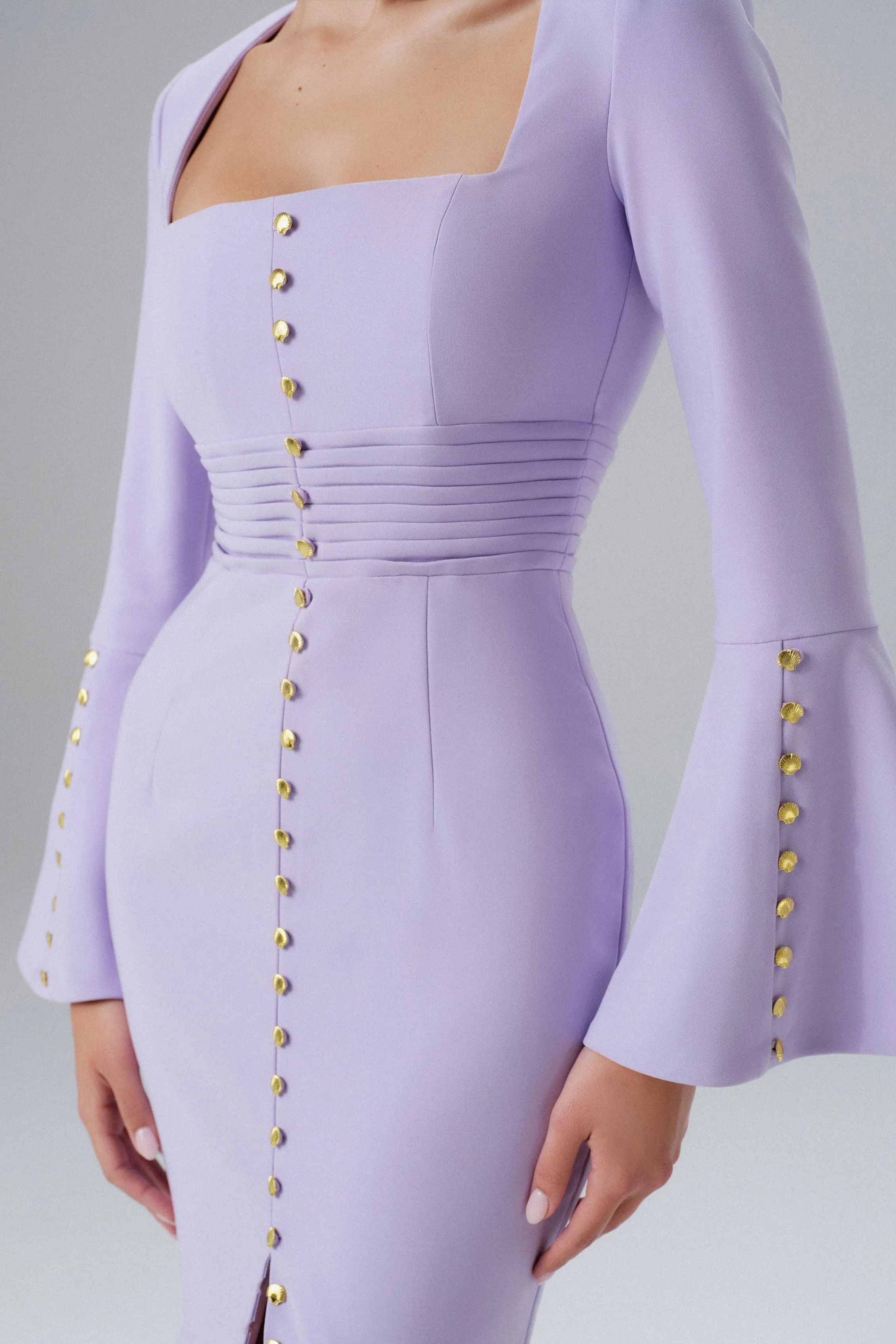 SERENA Fluted Sleeve Micro Shell Button Midi Dress in Purple sold by Lavish Alice product image thumbnail 4