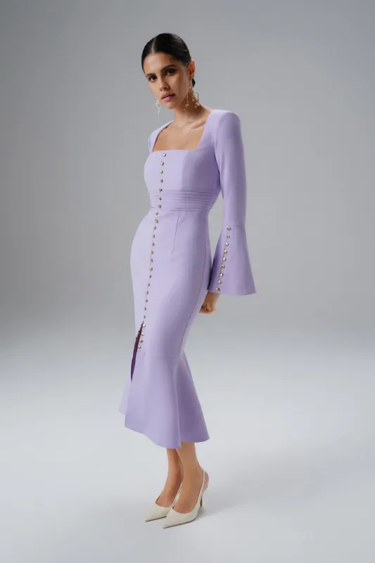 SERENA Fluted Sleeve Micro Shell Button Midi Dress in Purple made by Lavish Alice