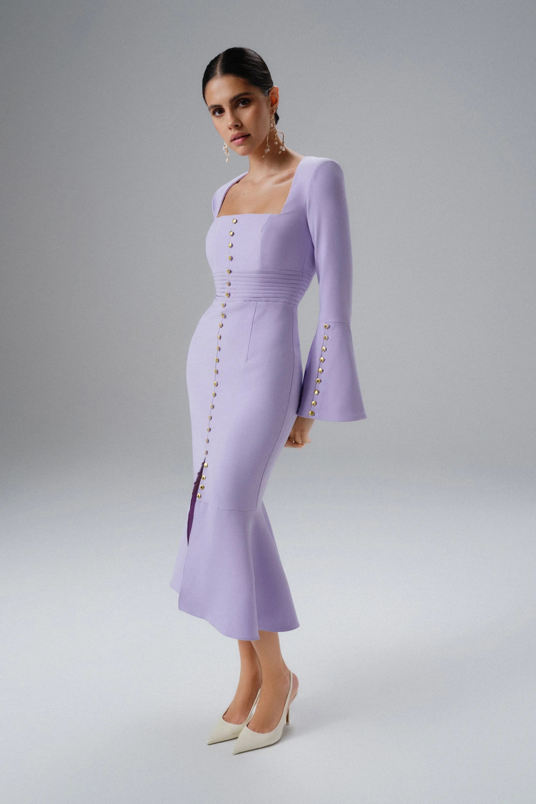 SERENA Fluted Sleeve Micro Shell Button Midi Dress in Purple sold by Lavish Alice