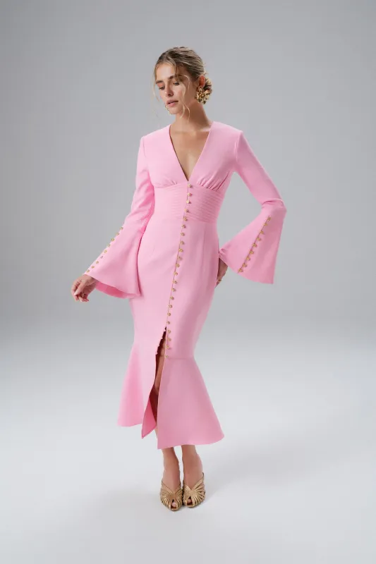 SALMA Fluted Sleeve Micro Rose Button Midi Dress in Pink sold by Lavish Alice