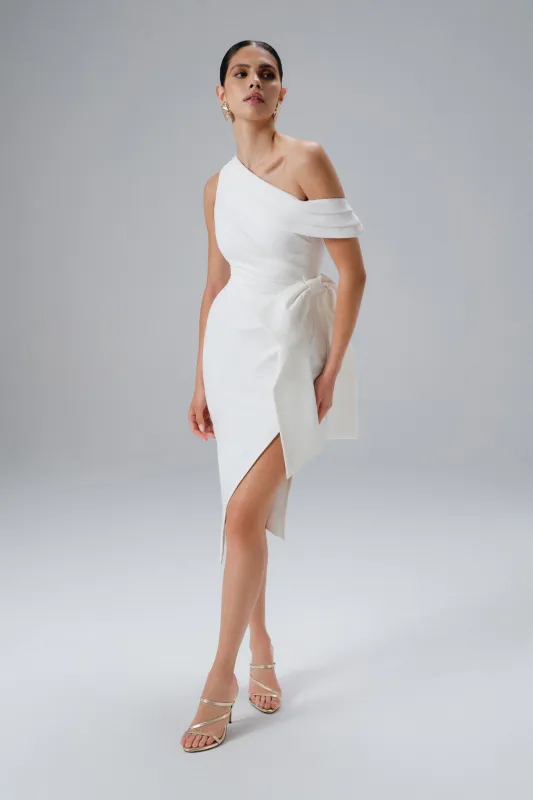 HONEY One Shoulder Pleated Bow Midi Dress in White sold by Lavish Alice