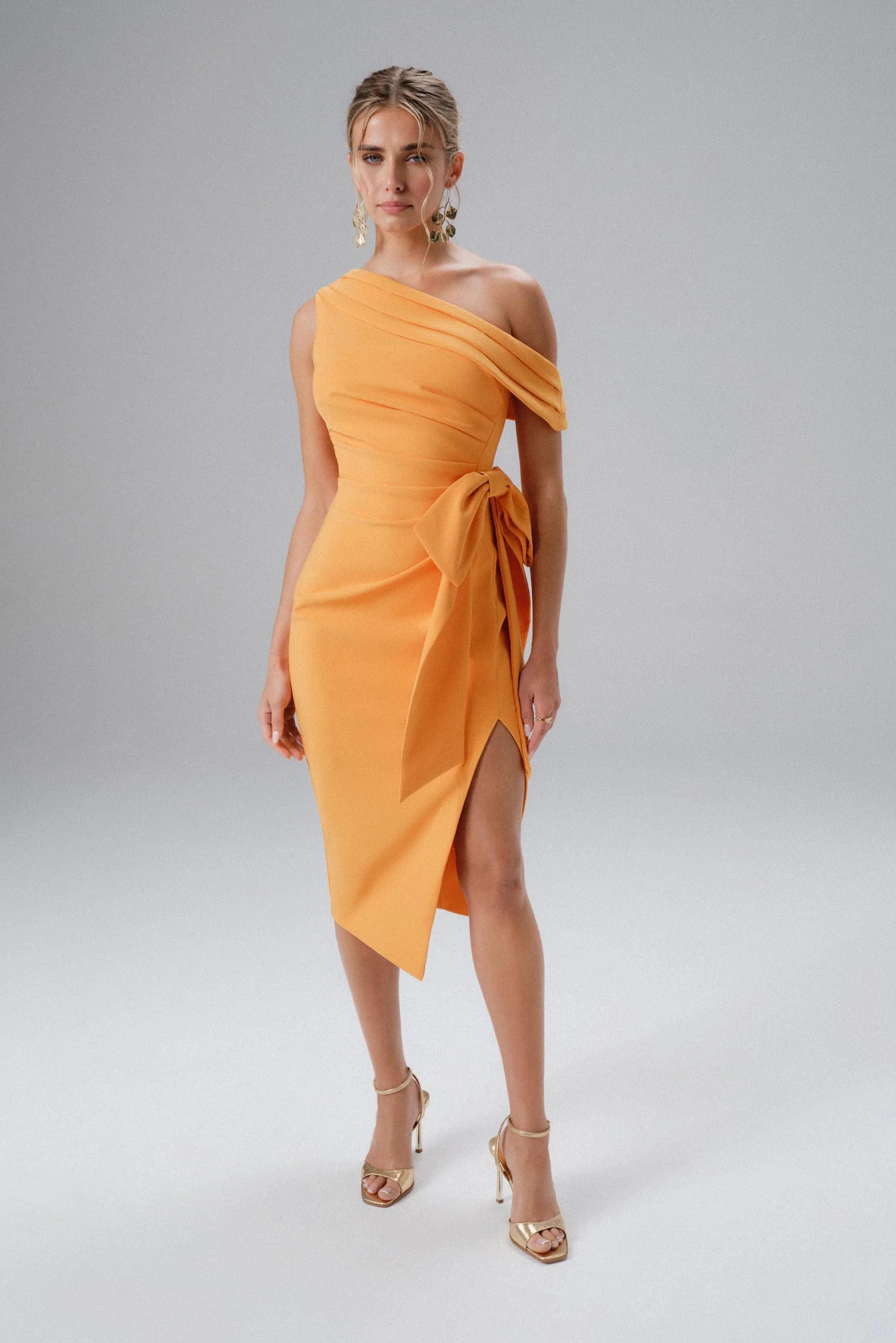 HONEY Asymmetric Midi Dress in Orange sold by Lavish Alice
