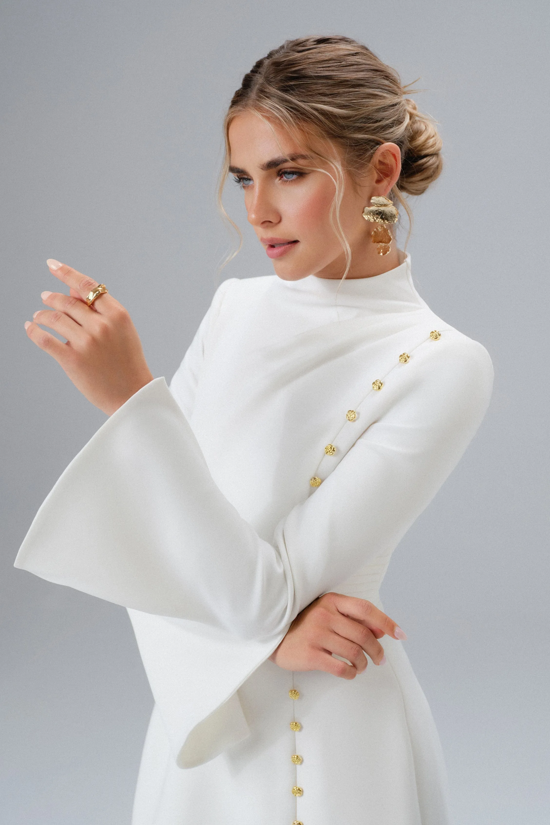 GEMMA High Neck Rose Button Long Sleeve Mini Dress in White sold by Lavish Alice product image thumbnail 3