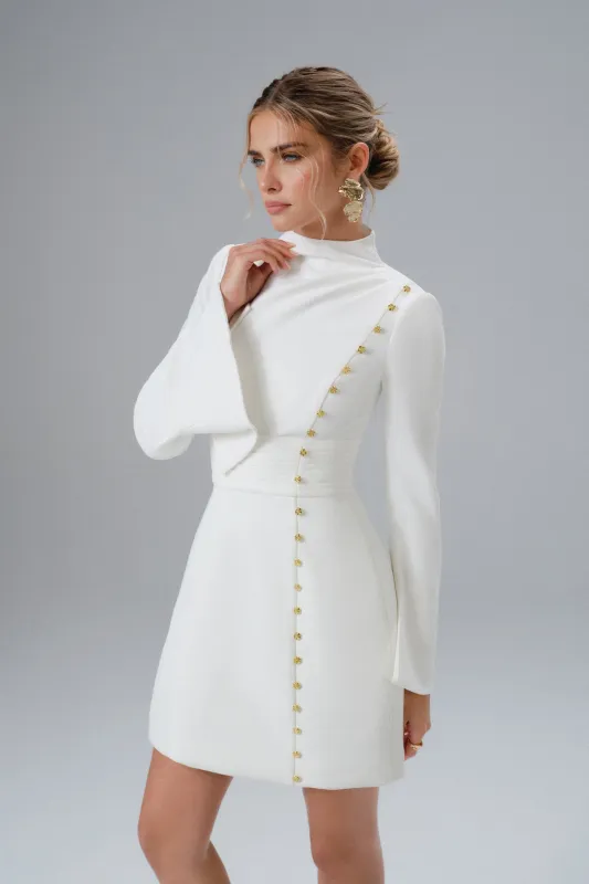 GEMMA High Neck Rose Button Long Sleeve Mini Dress in White sold by Lavish Alice
