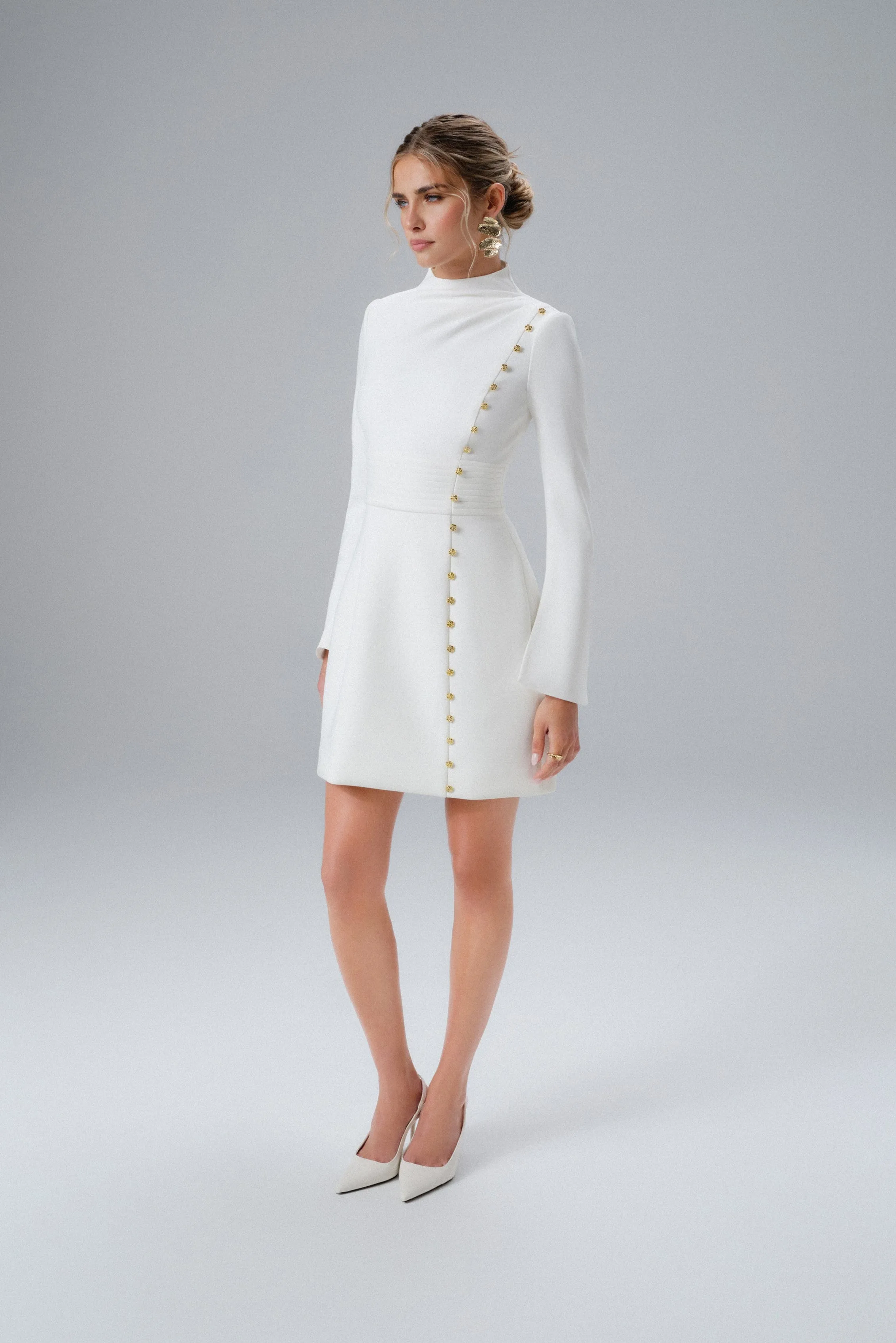 GEMMA High Neck Rose Button Long Sleeve Mini Dress in White sold by Lavish Alice product image thumbnail 4
