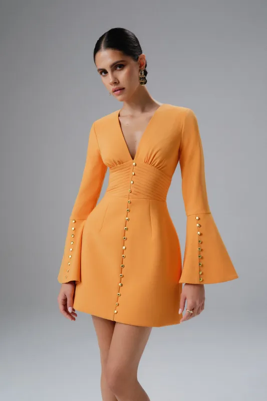 LARA Fluted Sleeve Micro Button Mini Dress in Orange sold by Lavish Alice